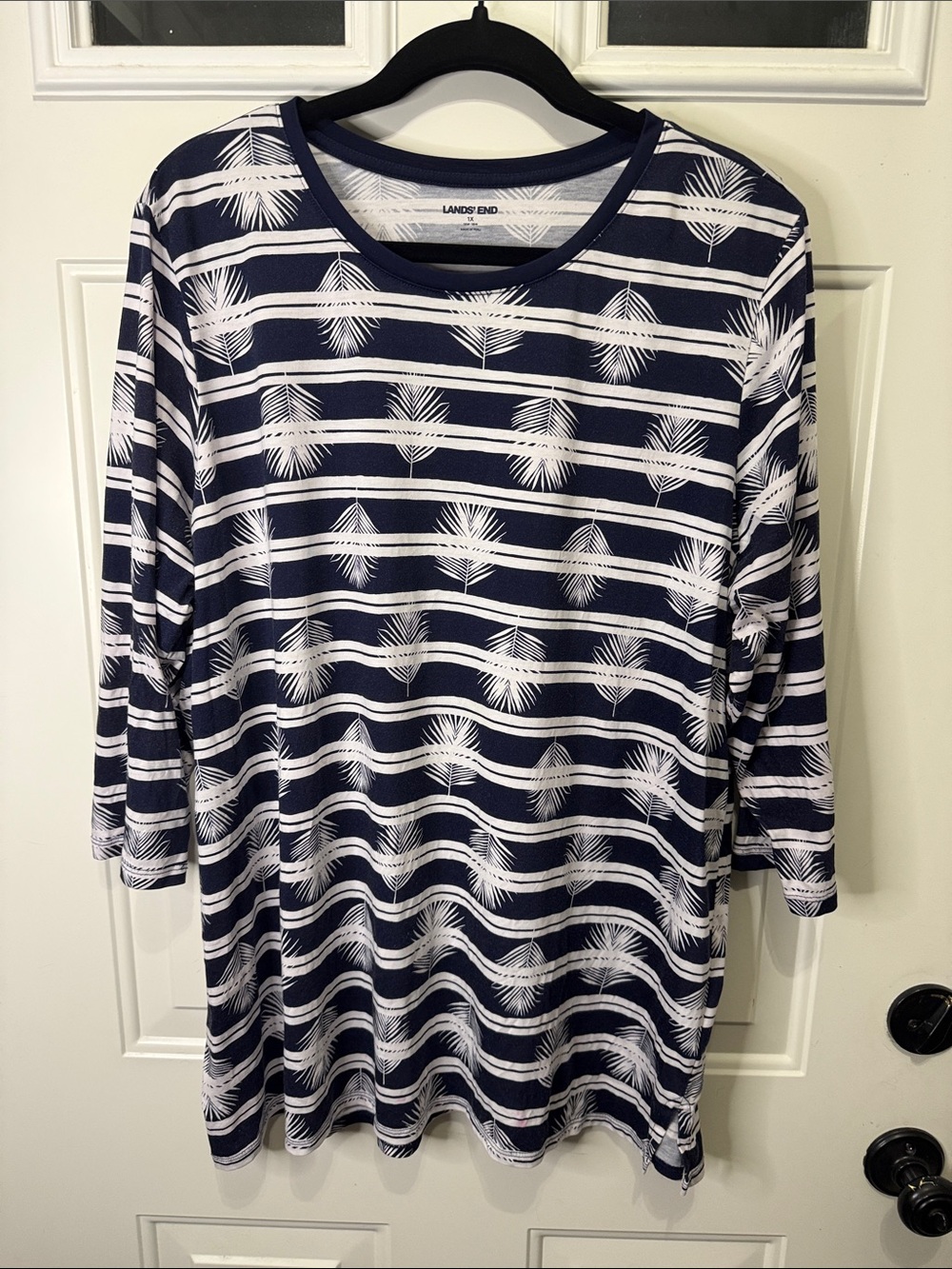 Lands' End Navy and White Striped Palm-Print Long Sleeve Tee